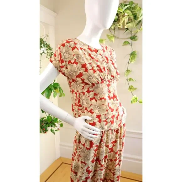 Vintage 1980s Pants Suit 80s CAROLE LITTLE Floral Art Deco Orange Blouse Top Set